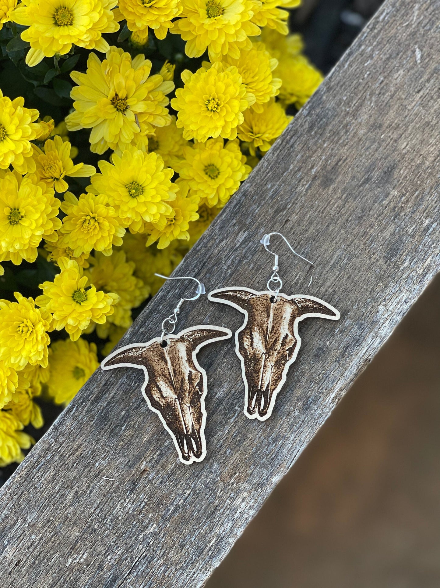 Western Cow Skull Wood Engraved Dangle Earrings | Rustic Country 'Howdy Y'all Style