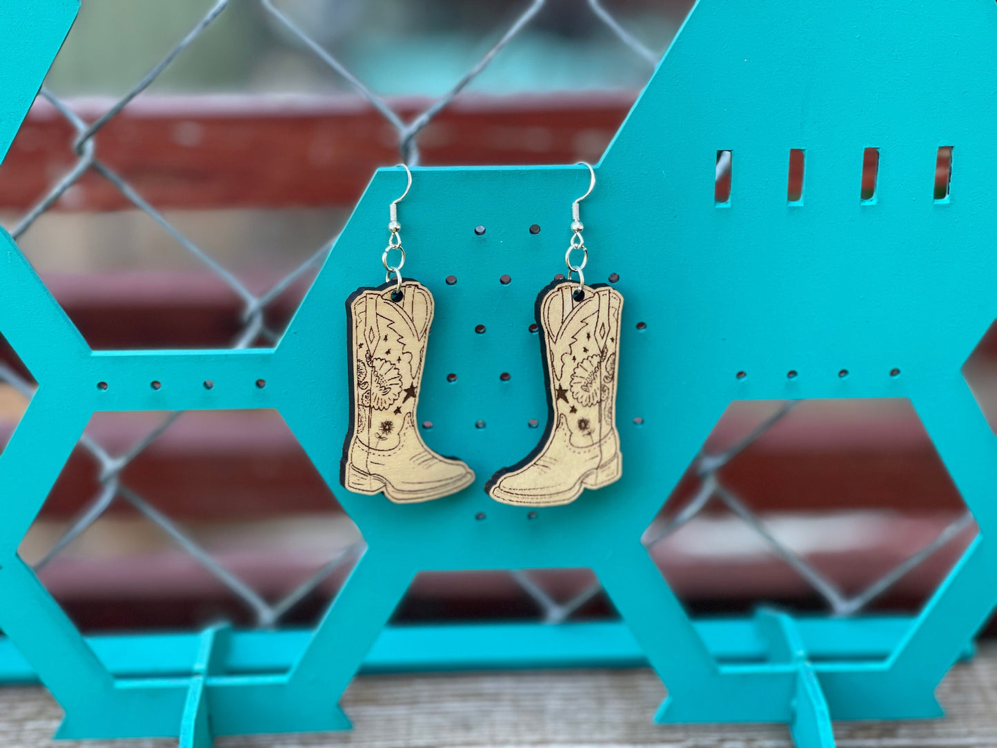 Country Cowboy Boot Wood Engraved Dangle Earrings – Western Cowgirl Boots | Lightweight Statement Jewelry