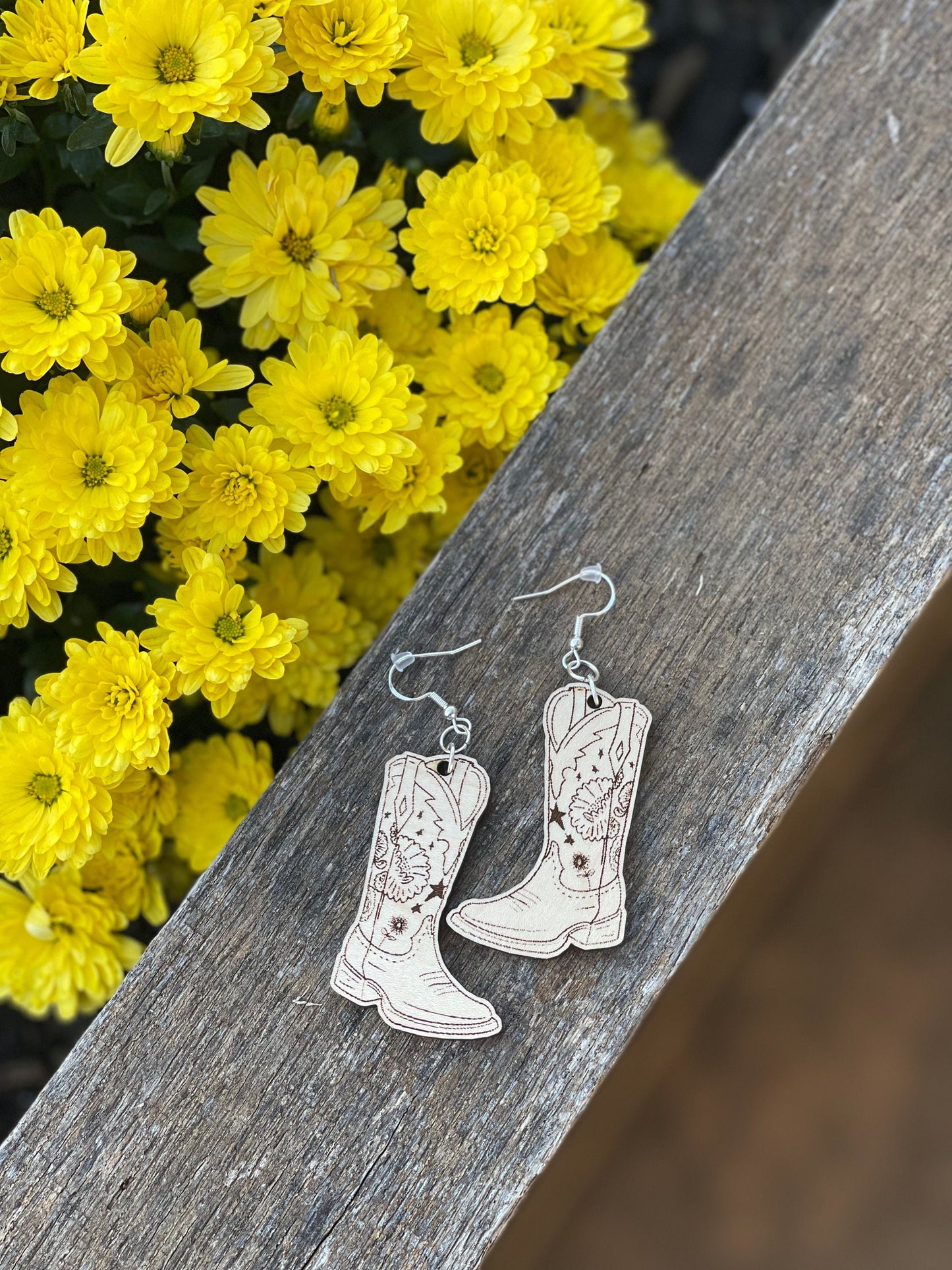 Country Cowboy Boot Wood Engraved Dangle Earrings – Western Cowgirl Boots | Lightweight Statement Jewelry