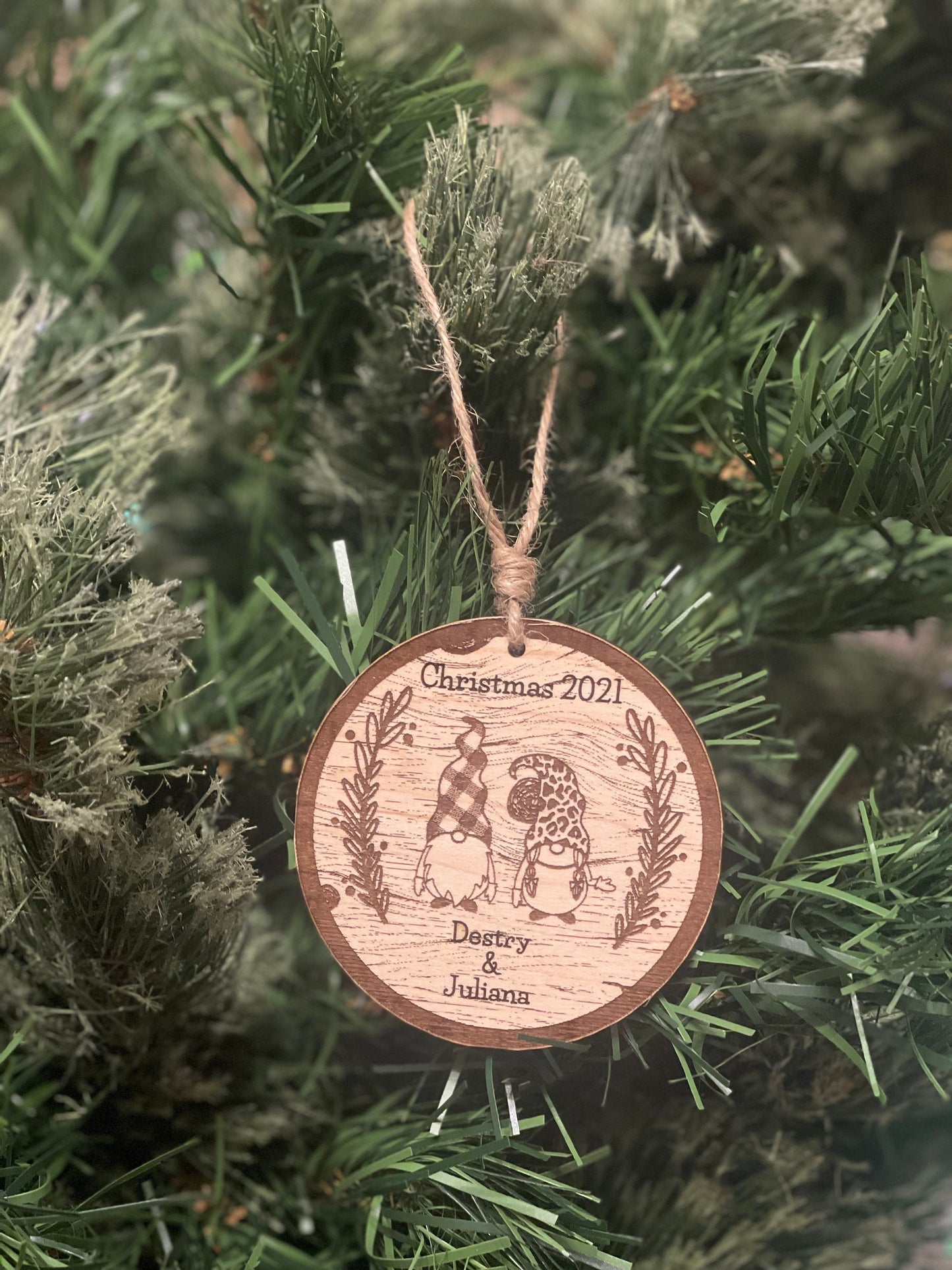 Personalized Christmas Gnome Couple Ornament | Plaid & Leopard Hat | Wood Engraved