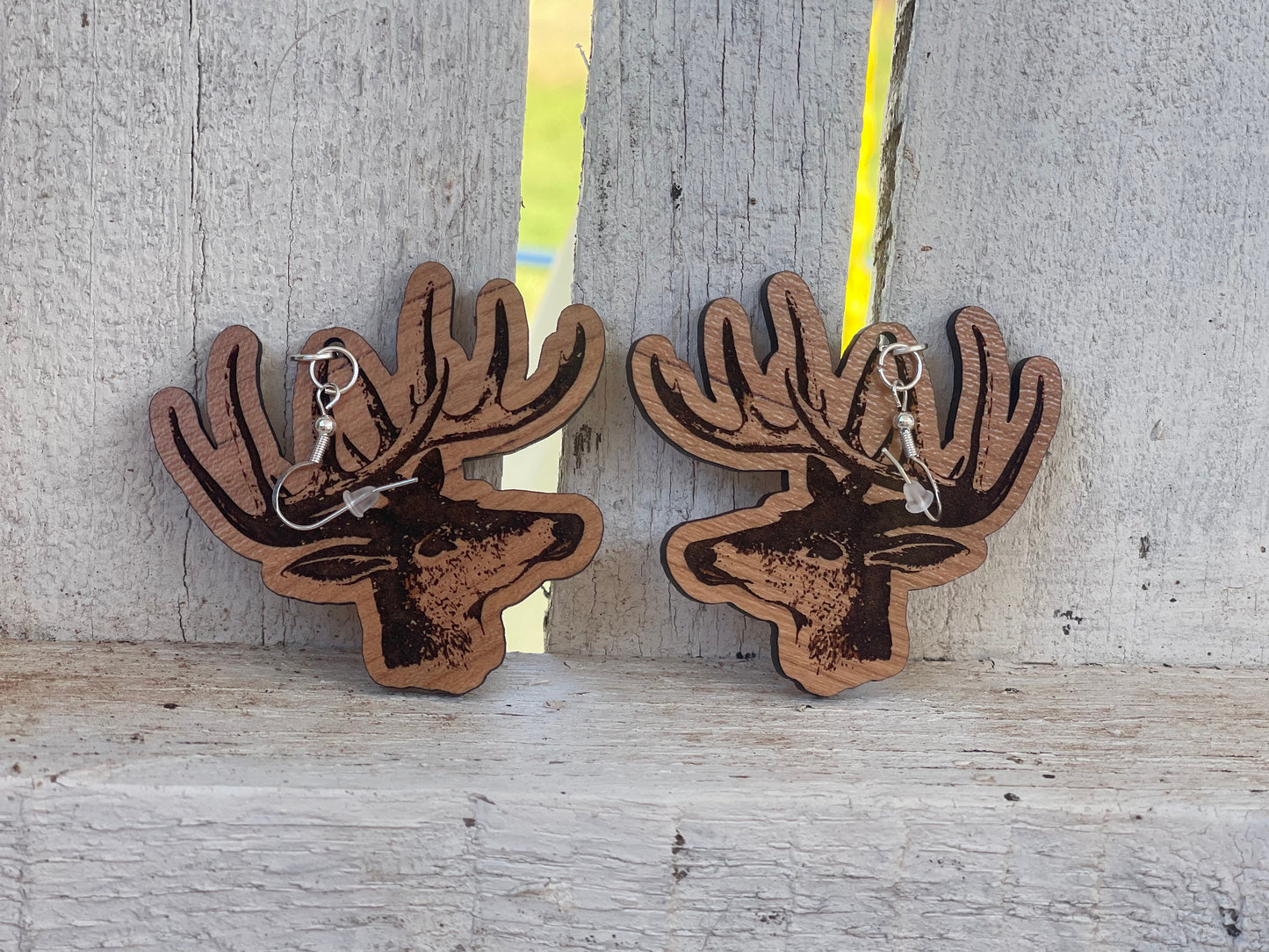 Staghead Wood Engraved Dangle Earrings | Deer Antlers Jewelry | Perfect Gift for Hunters