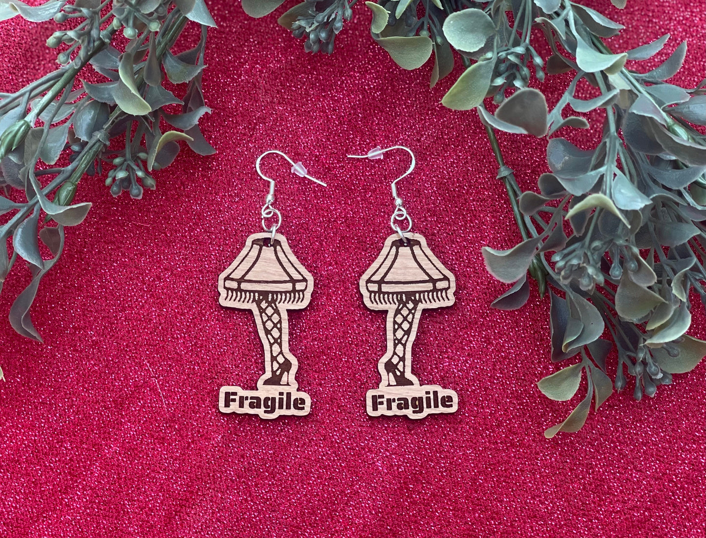 Christmas Story Leg Lamp Fragile Wood Engraved Dangle Earrings