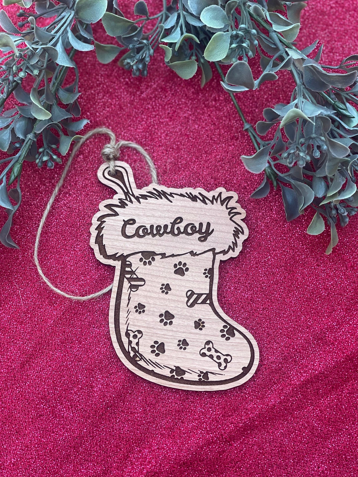 Personlized Name Dog Stocking Christmas Ornament.