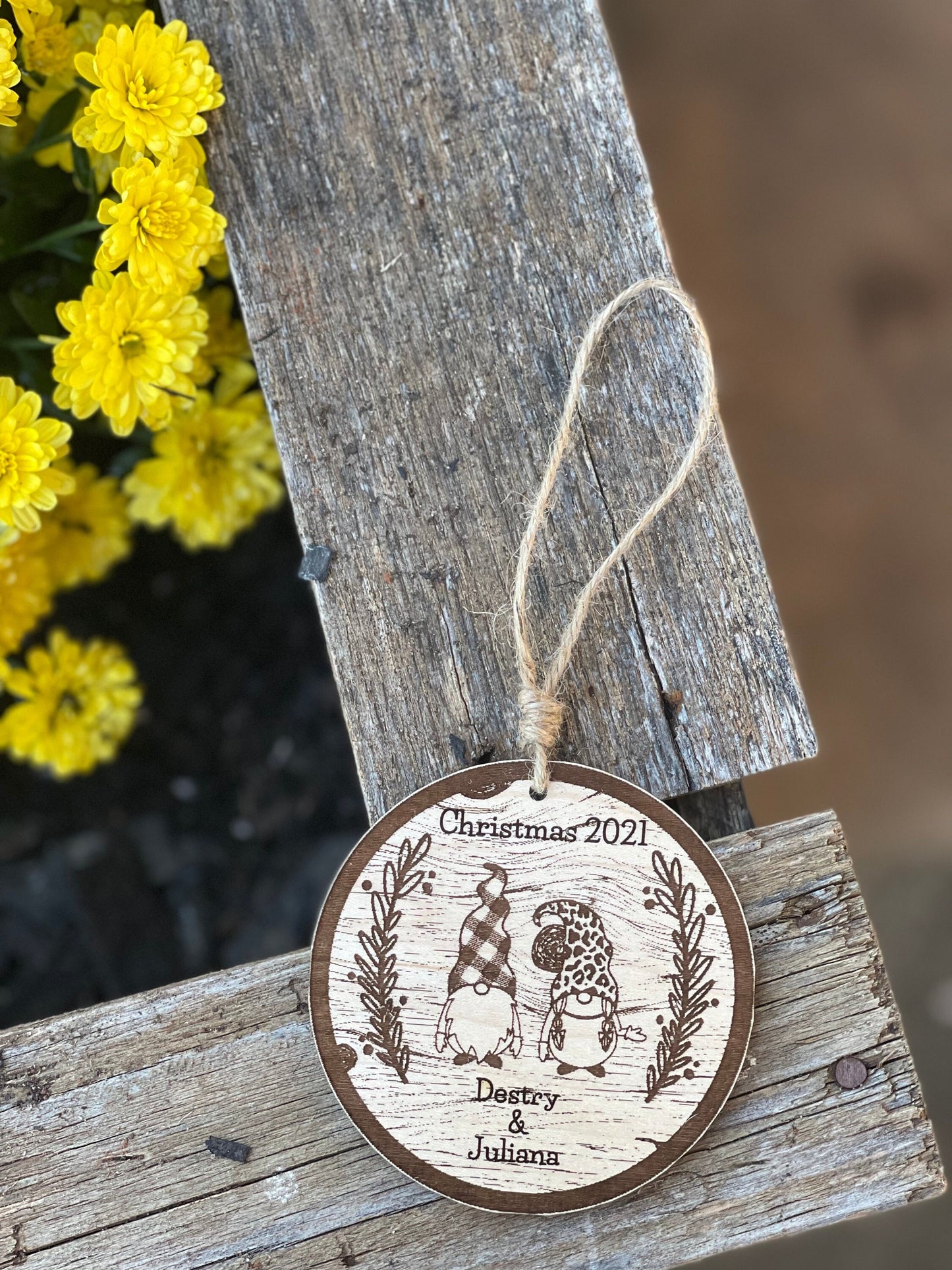 Personalized Christmas Gnome Couple Ornament | Plaid & Leopard Hat | Wood Engraved