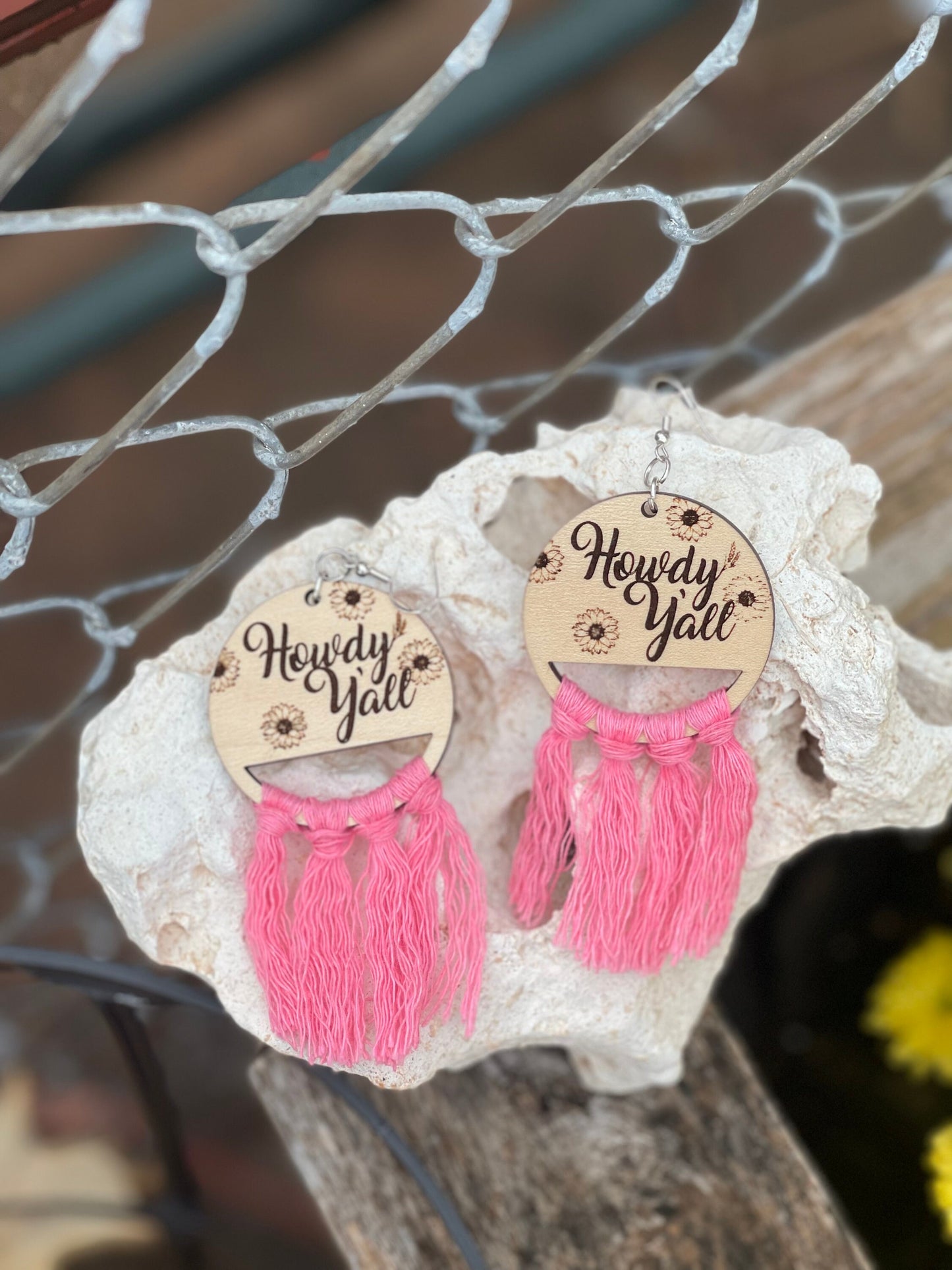 Howdy Y'all Wood Engraved Macrame Dangle Earrings | Country Jewelry with 12 Color Options