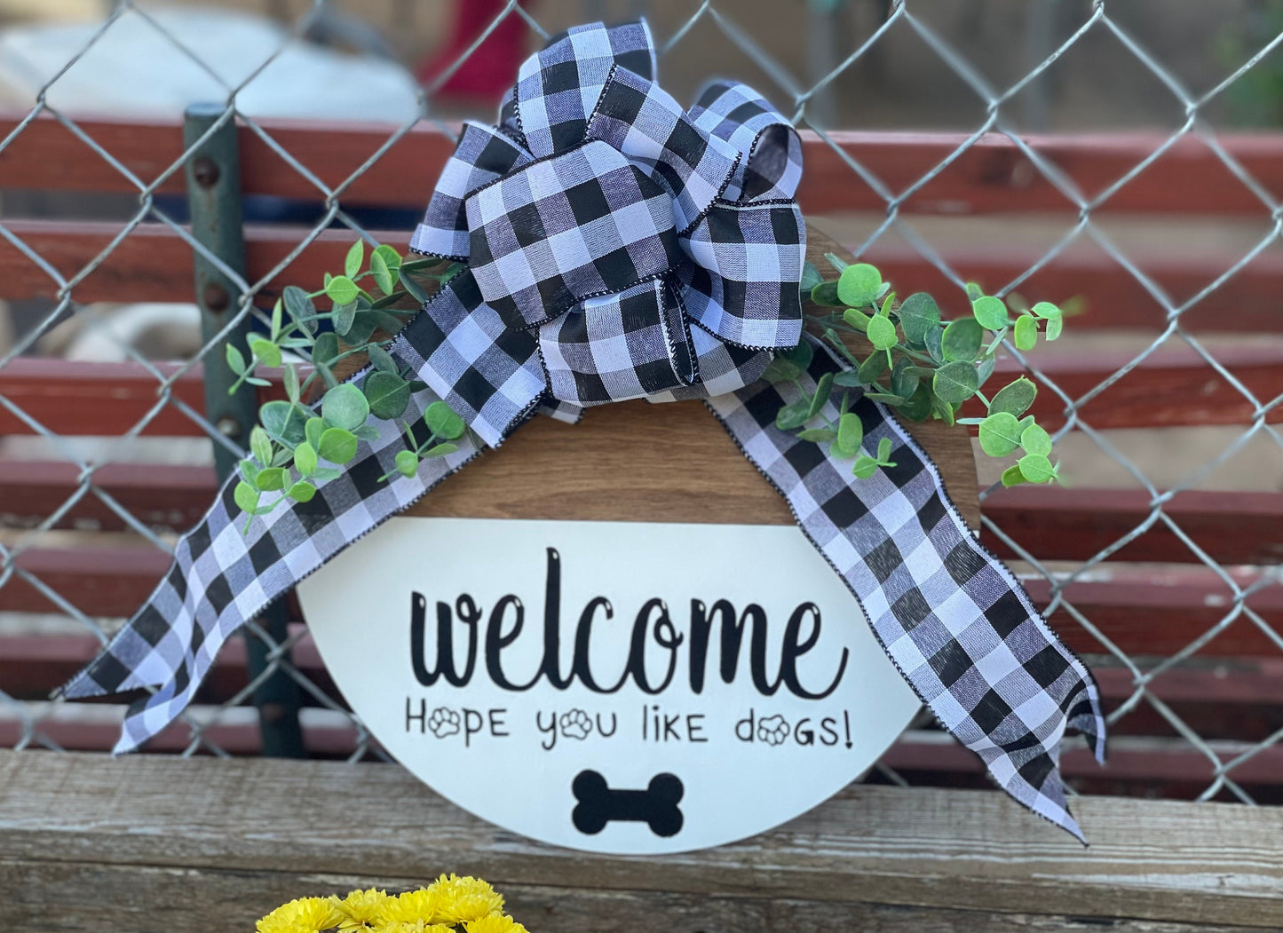 Welcome Hope You Like Dogs Door Hanger | Wood Engraved, Custom Painted Buffalo Plaid with Eucalyptus Wreath Home Decor