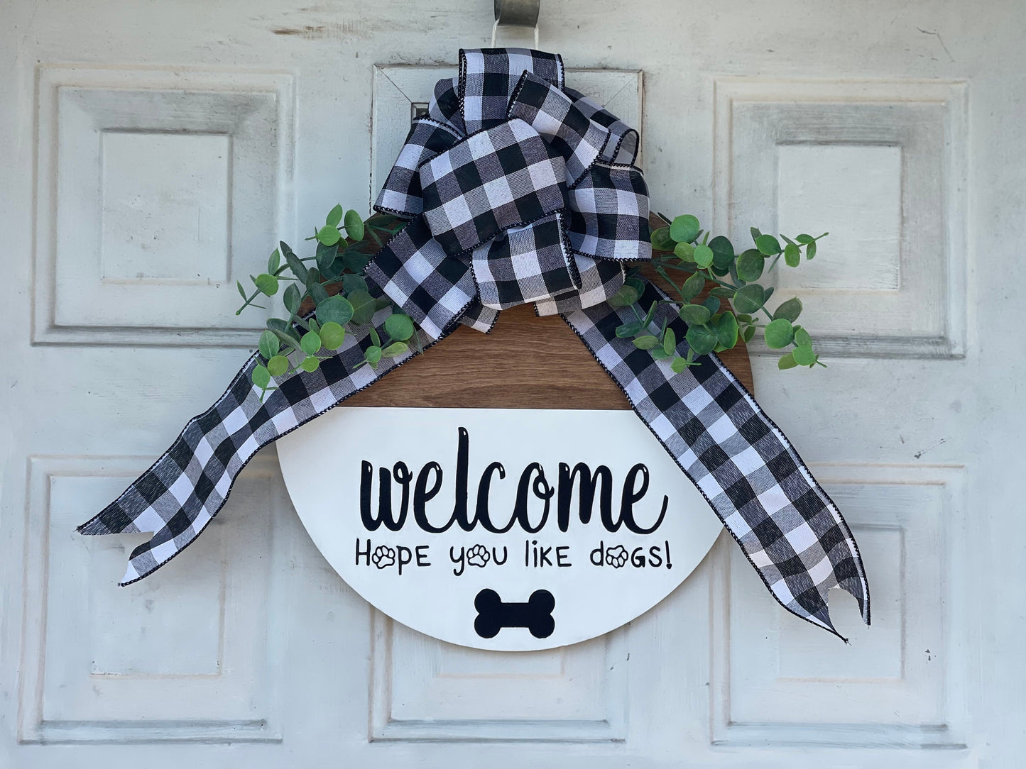 Welcome Hope You Like Dogs Door Hanger | Wood Engraved, Custom Painted Buffalo Plaid with Eucalyptus Wreath Home Decor