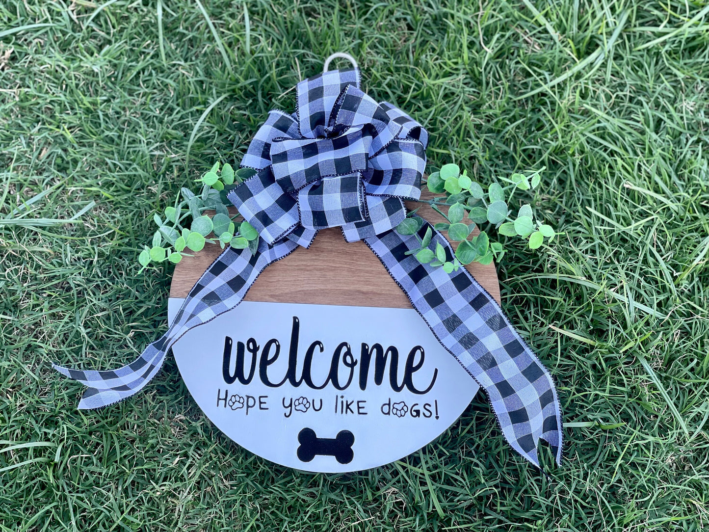 Welcome Hope You Like Dogs Door Hanger | Wood Engraved, Custom Painted Buffalo Plaid with Eucalyptus Wreath Home Decor