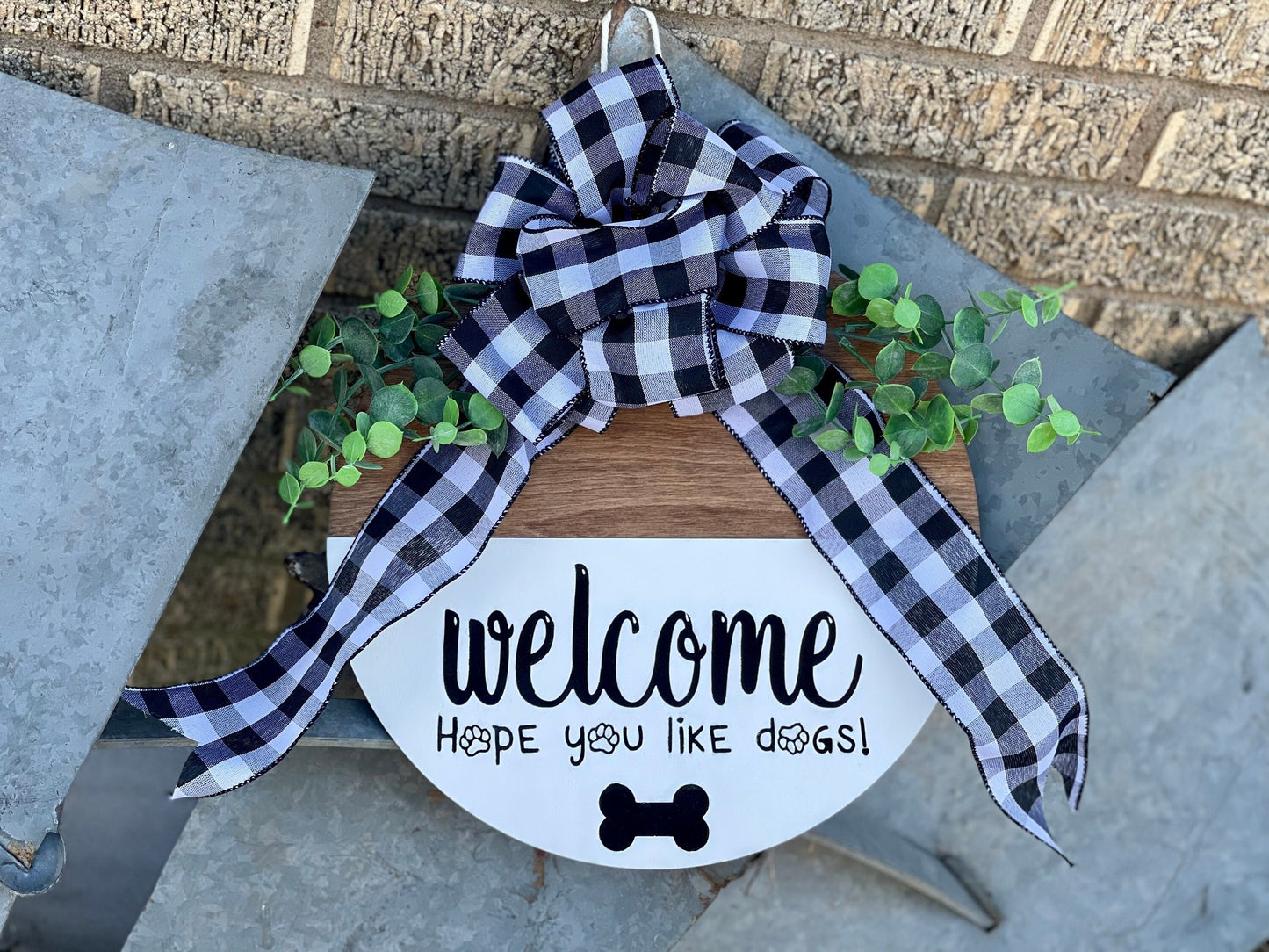 Welcome Hope You Like Dogs Door Hanger | Wood Engraved, Custom Painted Buffalo Plaid with Eucalyptus Wreath Home Decor