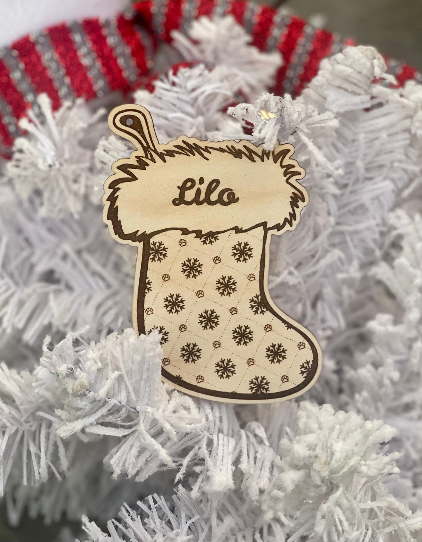 Custom Personalized Dog Paw Print and Snowflake Stocking Ornament | Wood Engraved Pet Keepsake