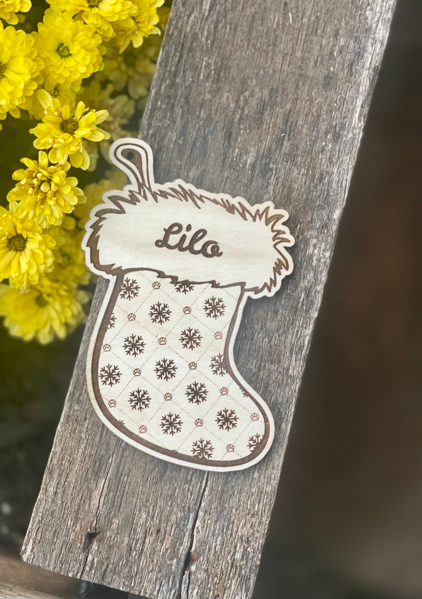 Custom Personalized Dog Paw Print and Snowflake Stocking Ornament | Wood Engraved Pet Keepsake