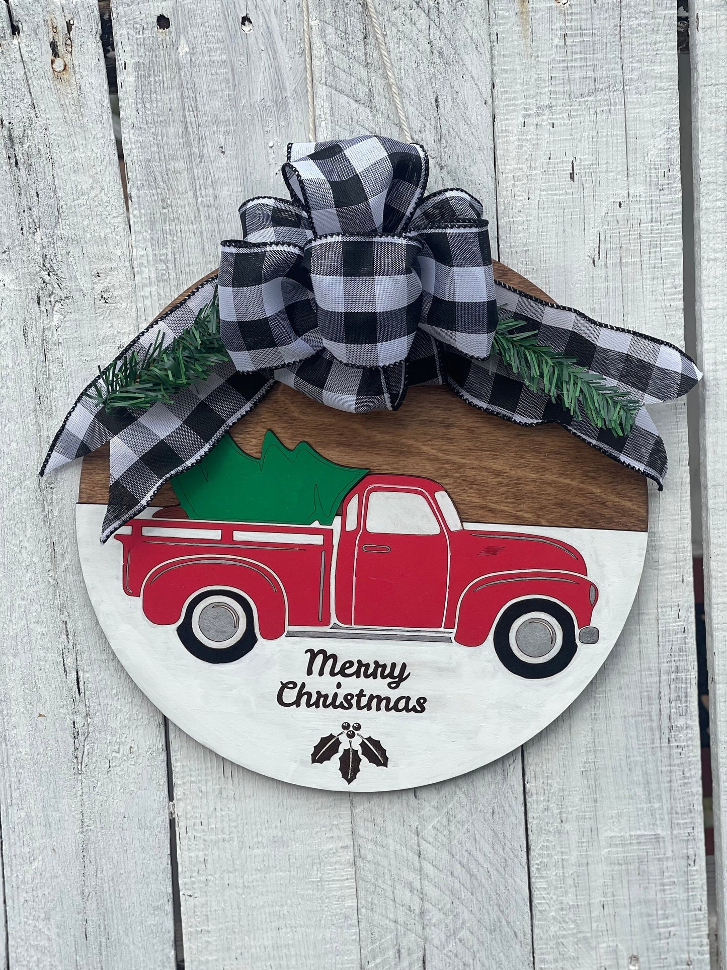 Red Farm Truck and Christmas Tree Door Hanger | Buffalo Plaid Wreath with Evergreen