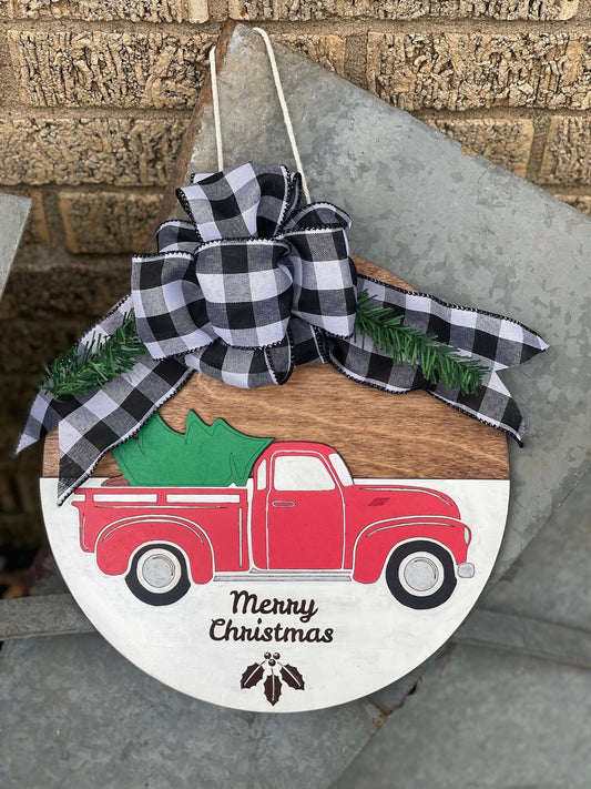 Red Farm Truck and Christmas Tree Door Hanger | Buffalo Plaid Wreath with Evergreen