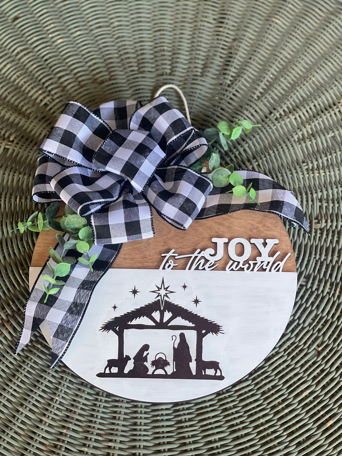 Joy to the World Door Hanger | Manger Scene with Eucalyptus & Buffalo Plaid Ribbon