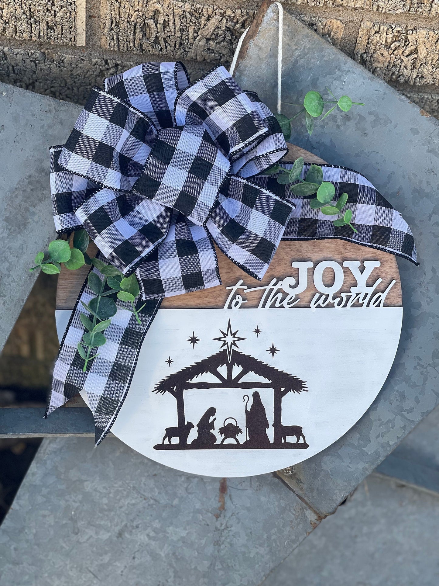 Joy to the World Door Hanger | Manger Scene with Eucalyptus & Buffalo Plaid Ribbon