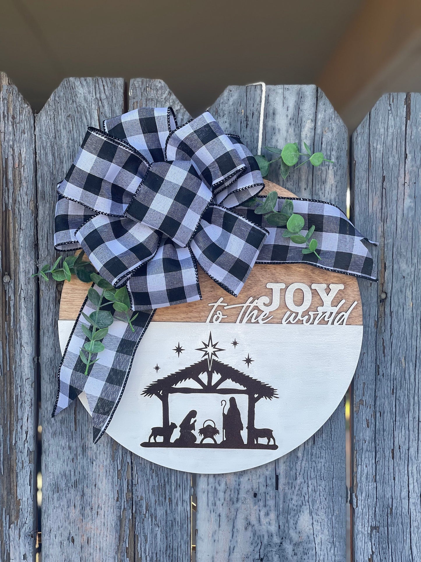 Joy to the World Door Hanger | Manger Scene with Eucalyptus & Buffalo Plaid Ribbon