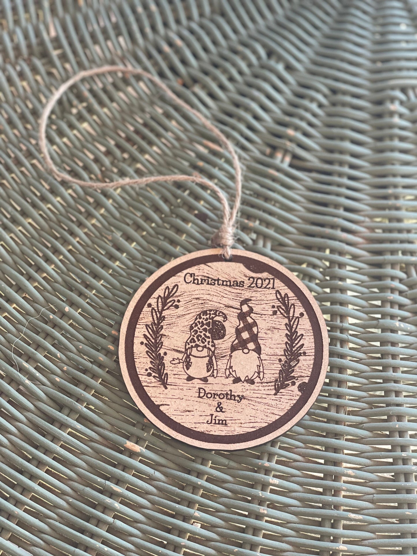 Personalized Christmas Gnome Couple Ornament | Plaid & Leopard Hat | Wood Engraved