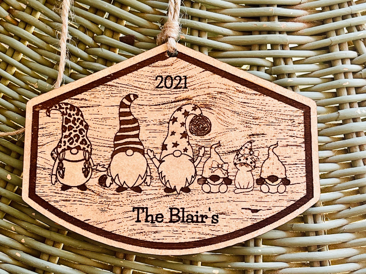 Custom Gnome Family & Pet Christmas Ornament | Personalized Engraved Wood Keepsake | Rustic Holiday Decor