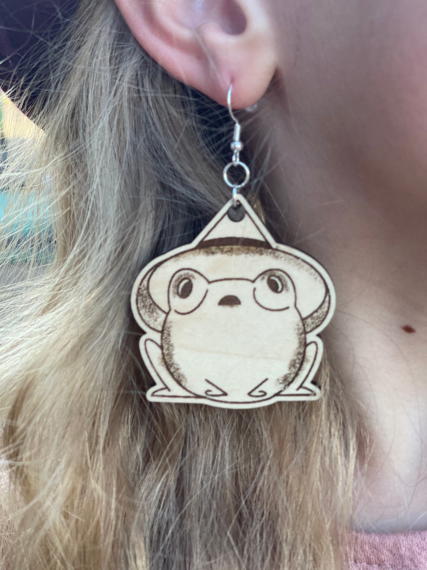 Witch Hat Frog Wood Engraved Dangle Earrings | Halloween Frog Lovers' Delight Gift