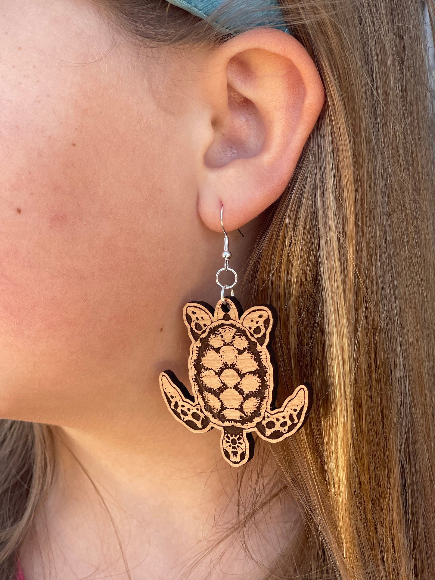 Sea Turtle Engraved Wooden Earrings | Lightweight, Hypoallergenic, Beach Vacation Gift for Turtle Lovers