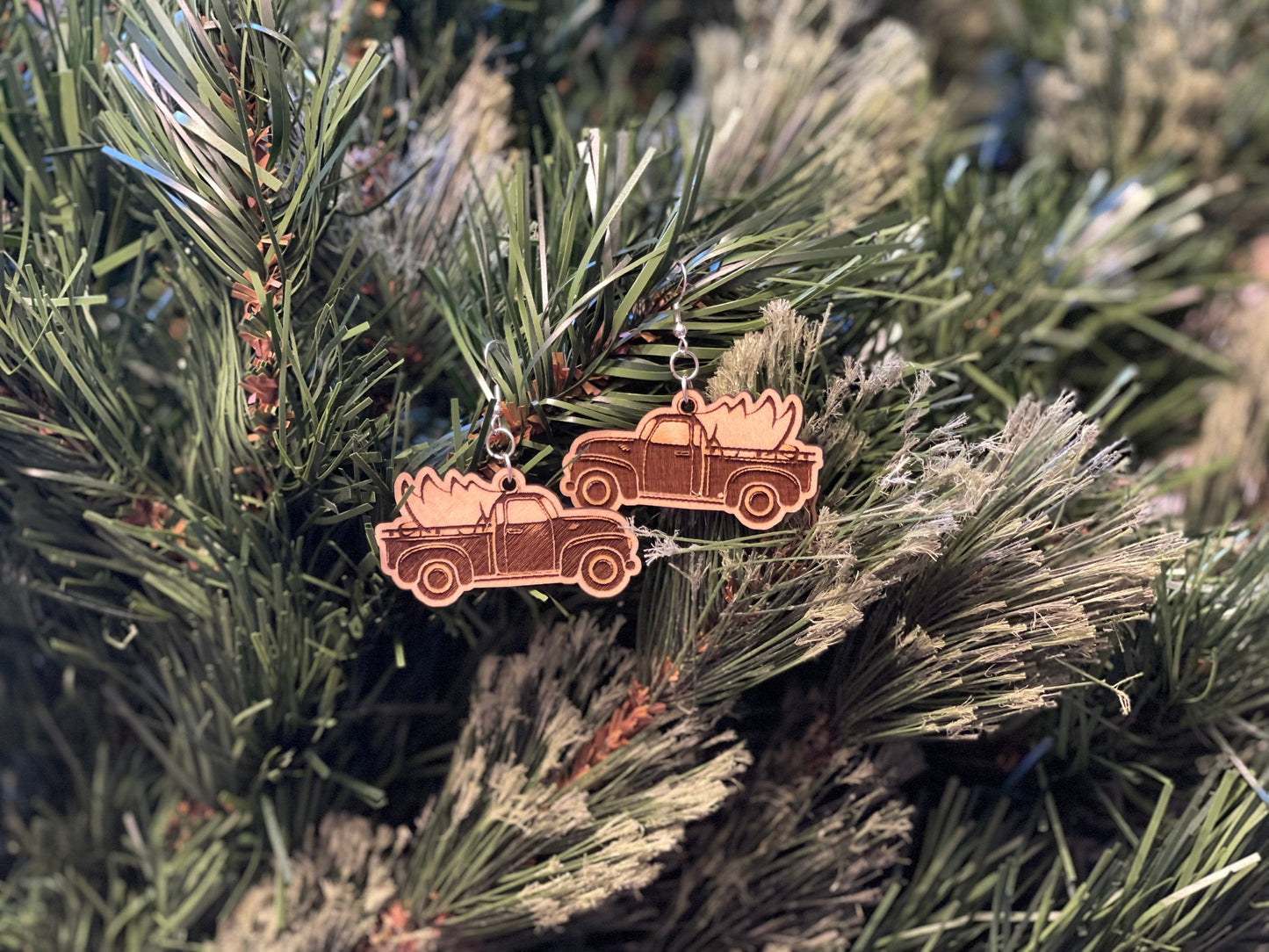 Christmas Tree Farm Truck Dangle Wood Earrings