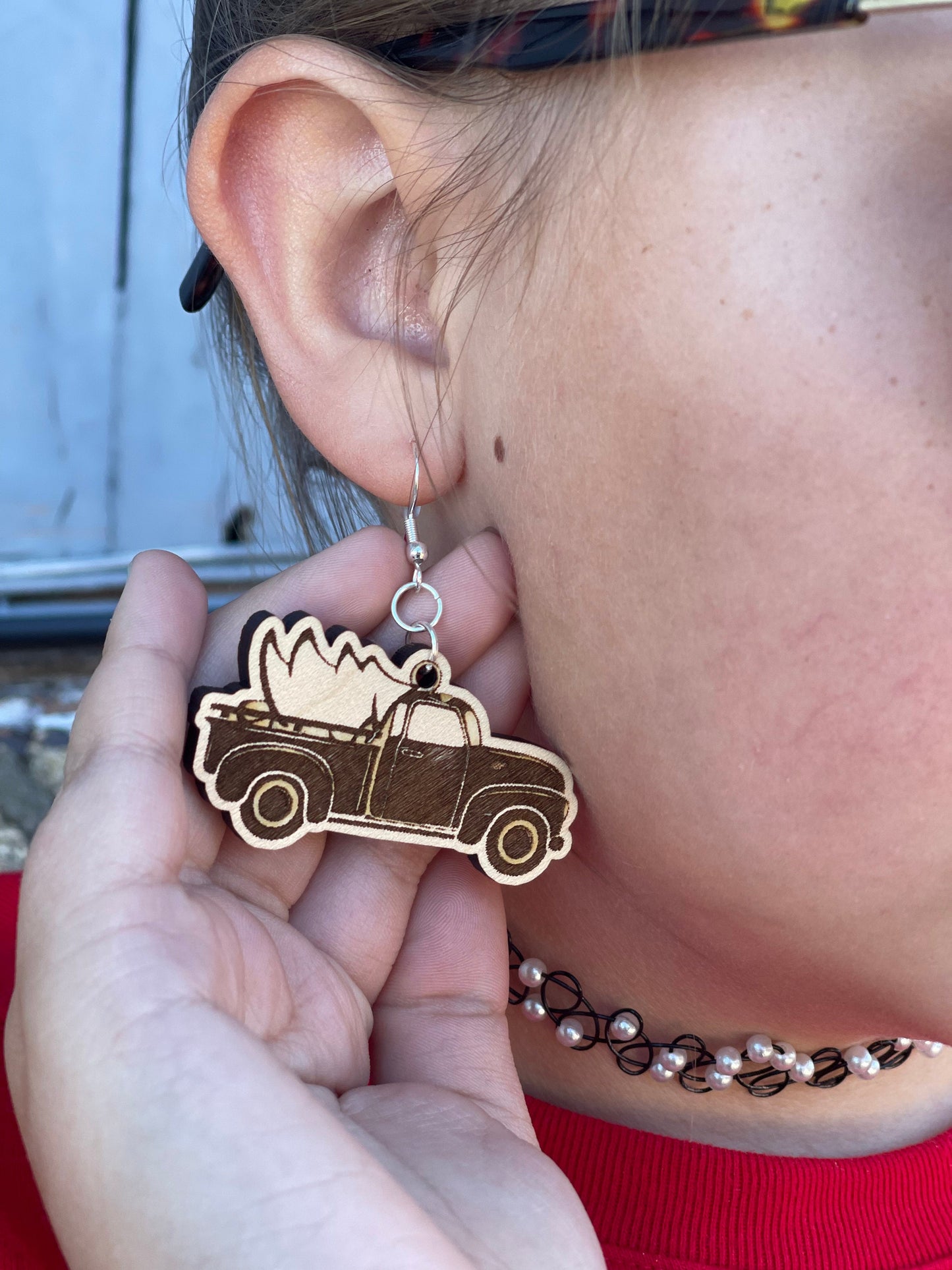 Christmas Tree Farm Truck Dangle Wood Earrings