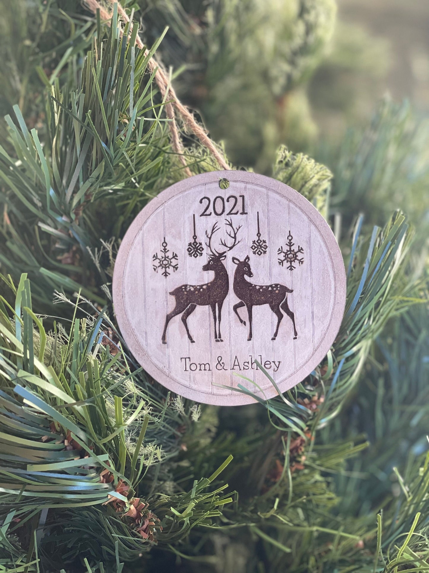 Personalized Couple Deer & Snowflakes Christmas Ornament | Custom Name | First Christmas Together