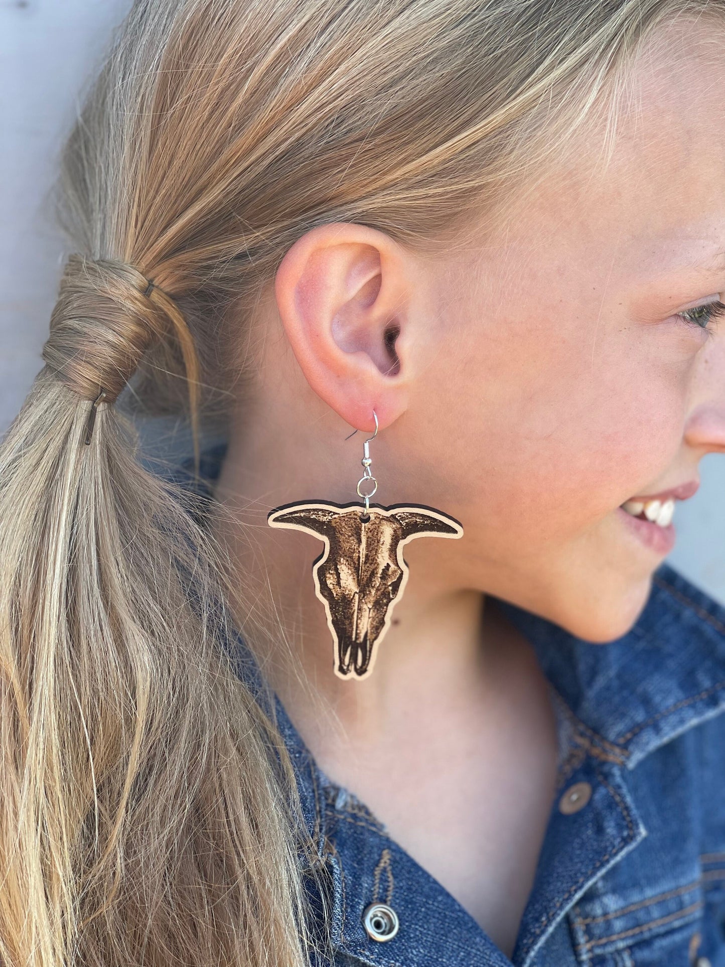 Western Cow Skull Wood Engraved Dangle Earrings | Rustic Country 'Howdy Y'all Style