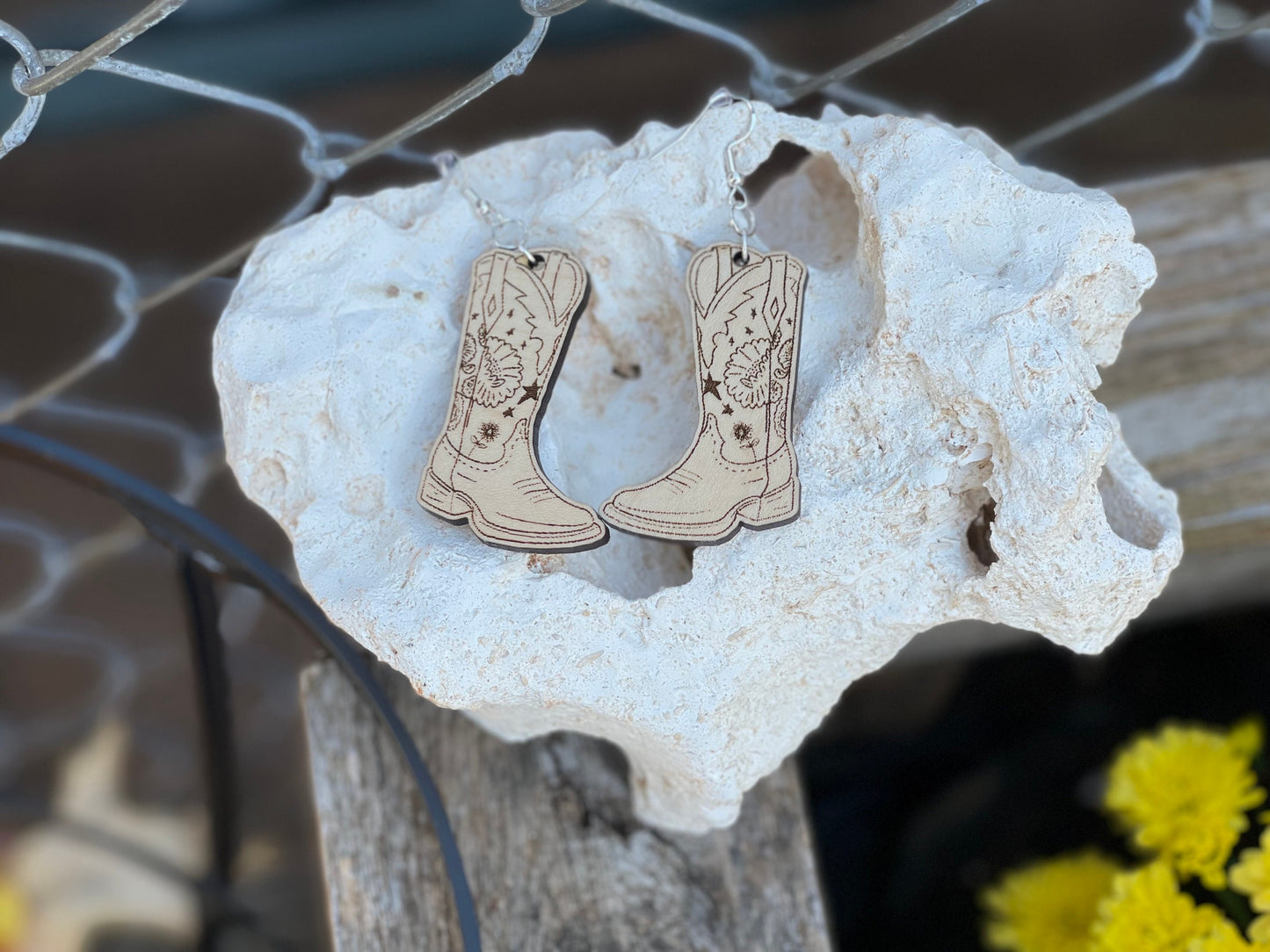 Country Cowboy Boot Wood Engraved Dangle Earrings – Western Cowgirl Boots | Lightweight Statement Jewelry