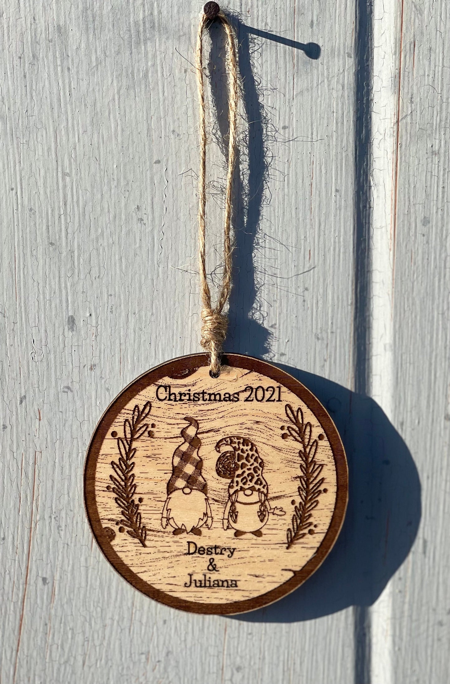 Personalized Christmas Gnome Couple Ornament | Plaid & Leopard Hat | Wood Engraved