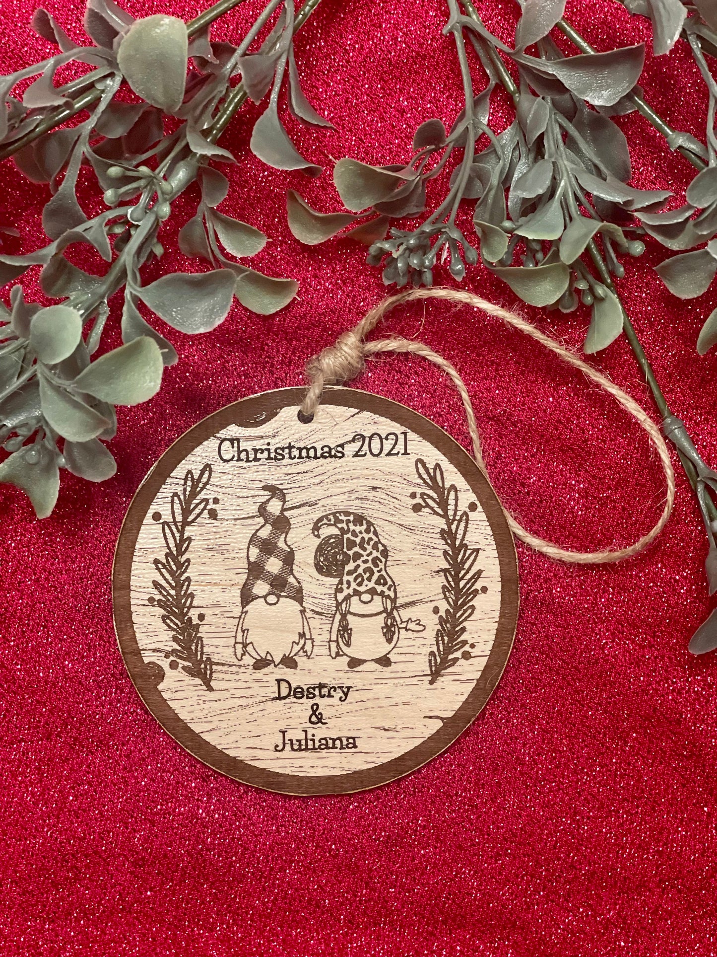 Personalized Christmas Gnome Couple Ornament | Plaid & Leopard Hat | Wood Engraved