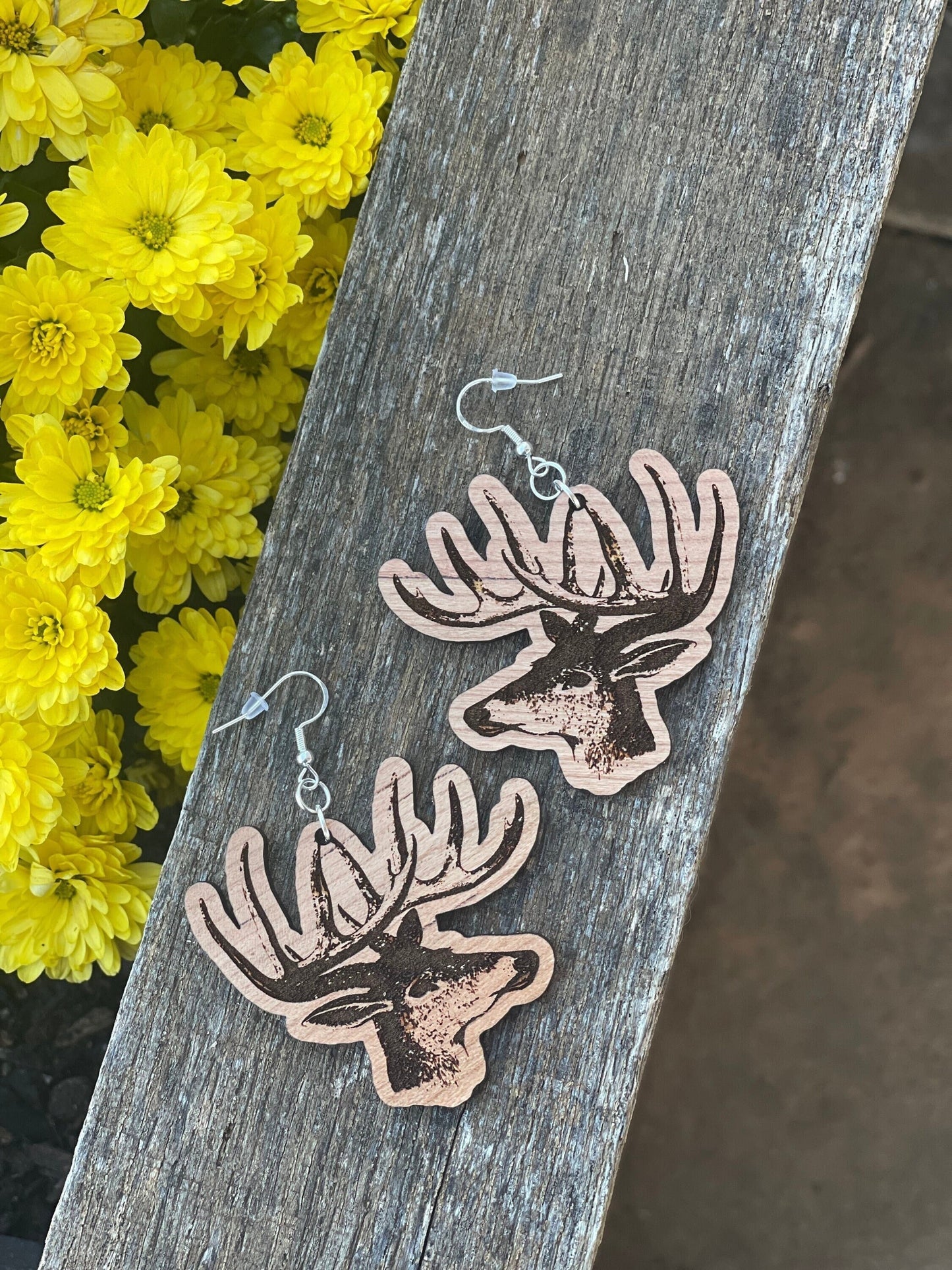 Staghead Wood Engraved Dangle Earrings | Deer Antlers Jewelry | Perfect Gift for Hunters