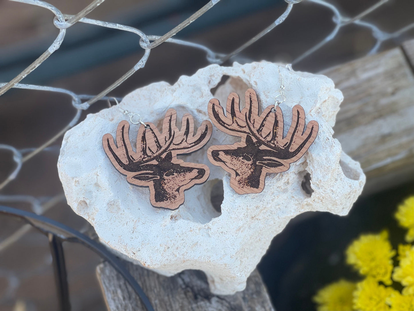 Staghead Wood Engraved Dangle Earrings | Deer Antlers Jewelry | Perfect Gift for Hunters