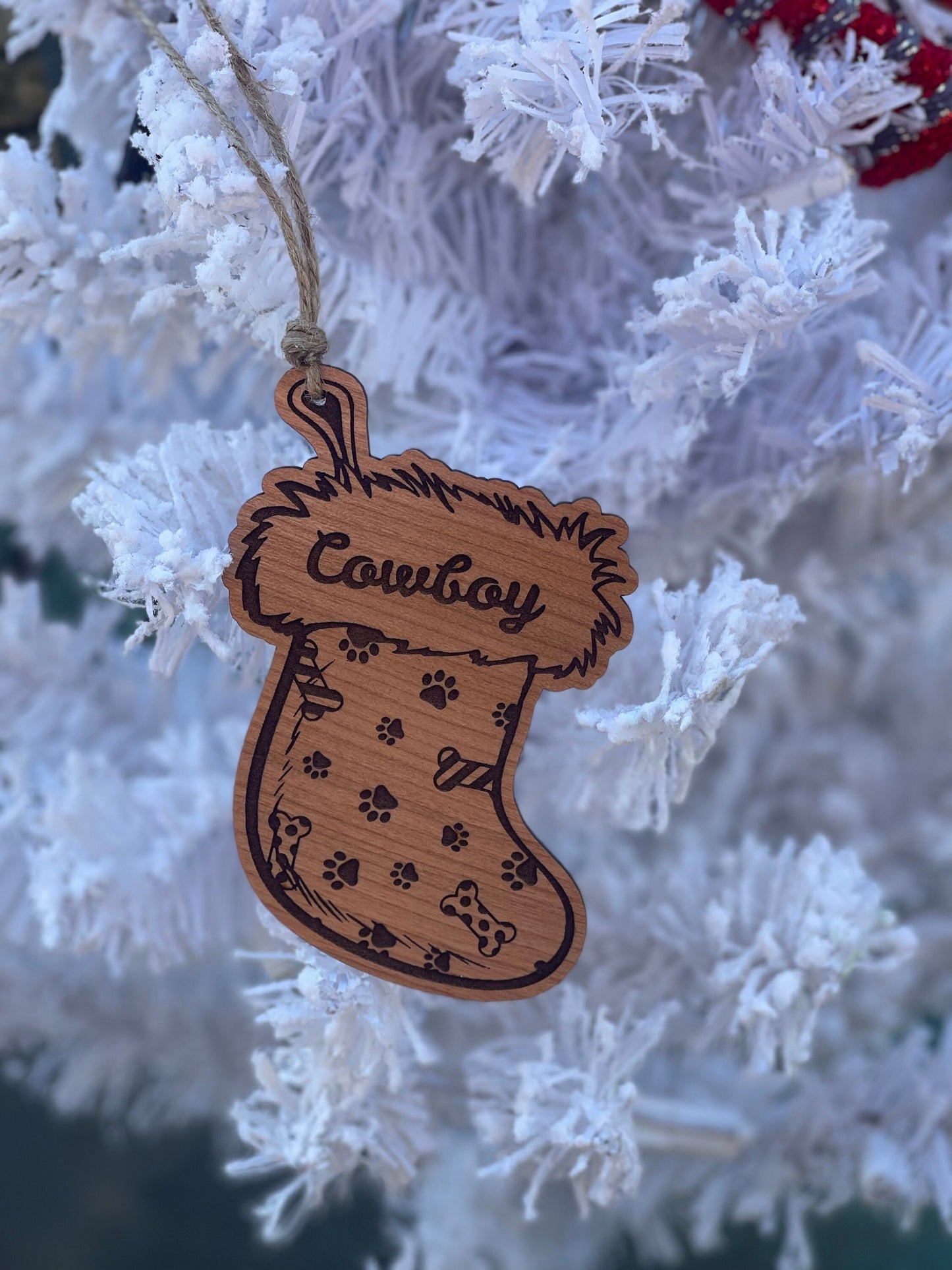 Personlized Name Dog Stocking Christmas Ornament.