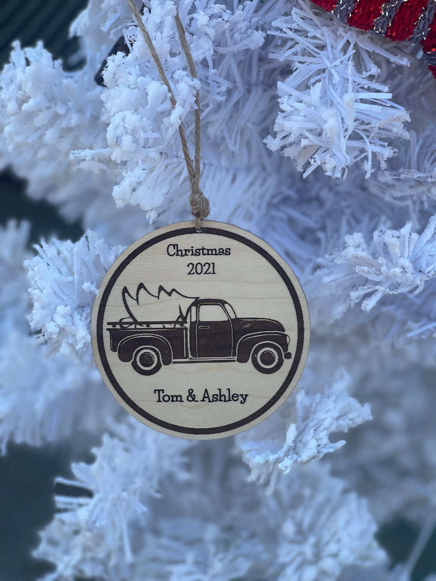 Personalized Vintage Truck with Christmas Tree Ornament | Custom Couples Engraved Wood Decoration