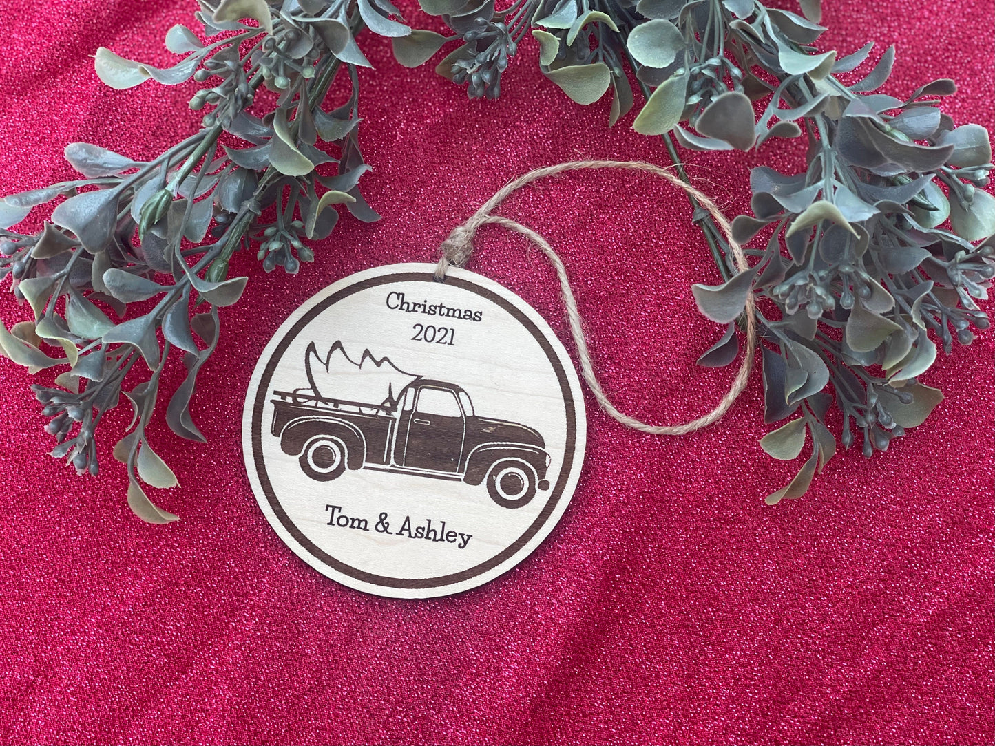 Personalized Vintage Truck with Christmas Tree Ornament | Custom Couples Engraved Wood Decoration