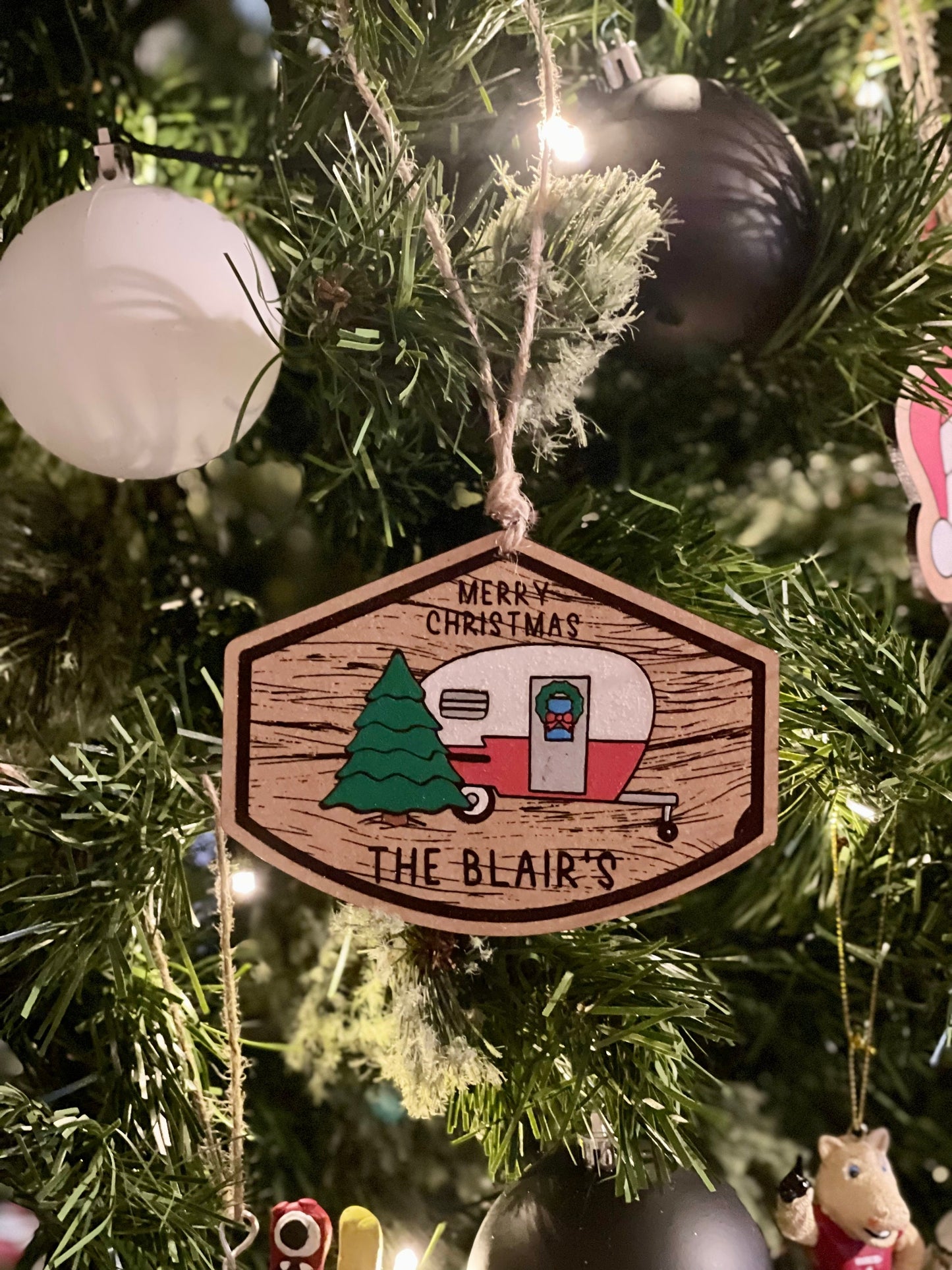 Personalized Family Christmas Tree & RV Camper Ornament | Wood Engraved & Hand Painted