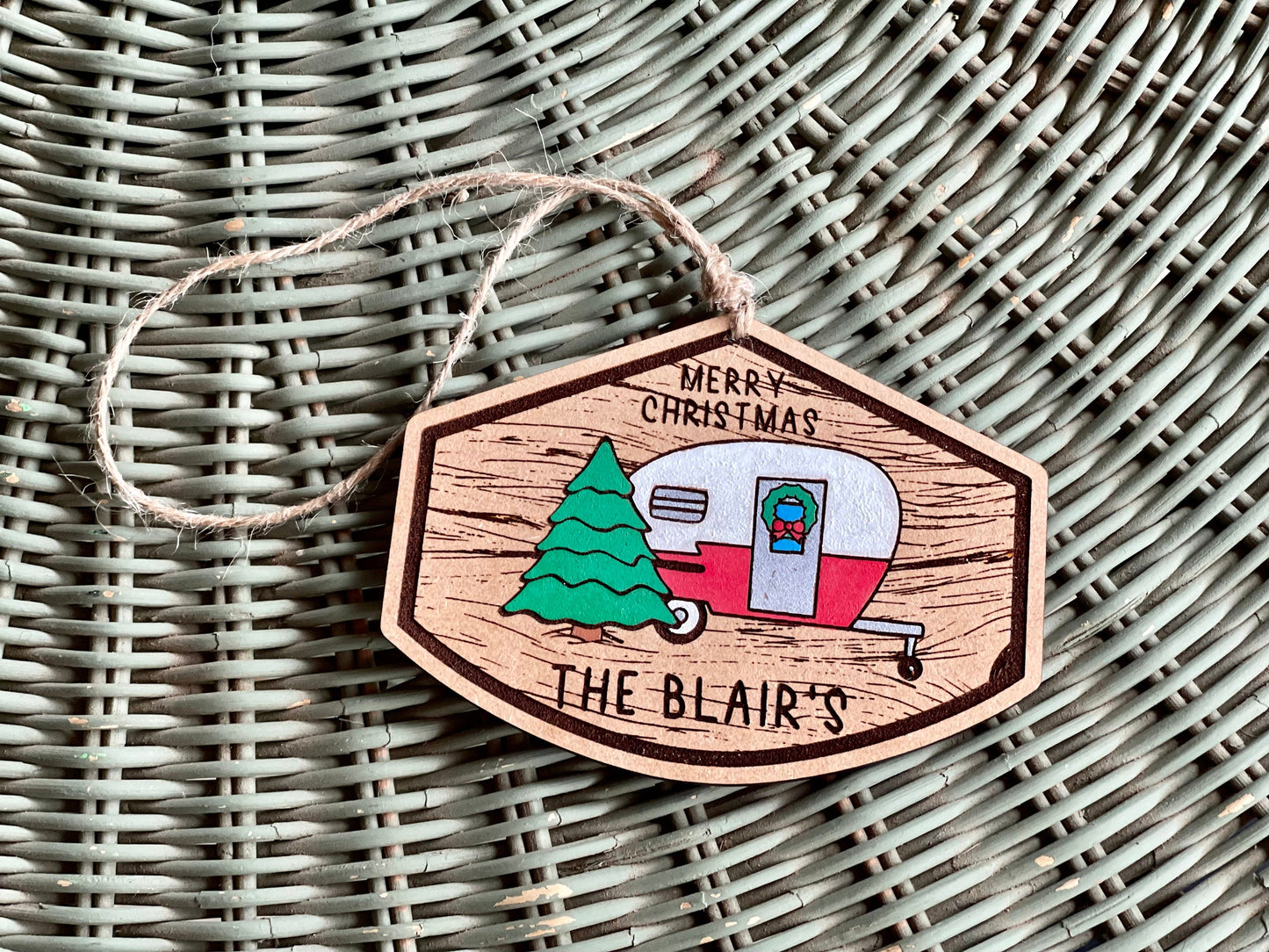 Personalized Family Christmas Tree & RV Camper Ornament | Wood Engraved & Hand Painted