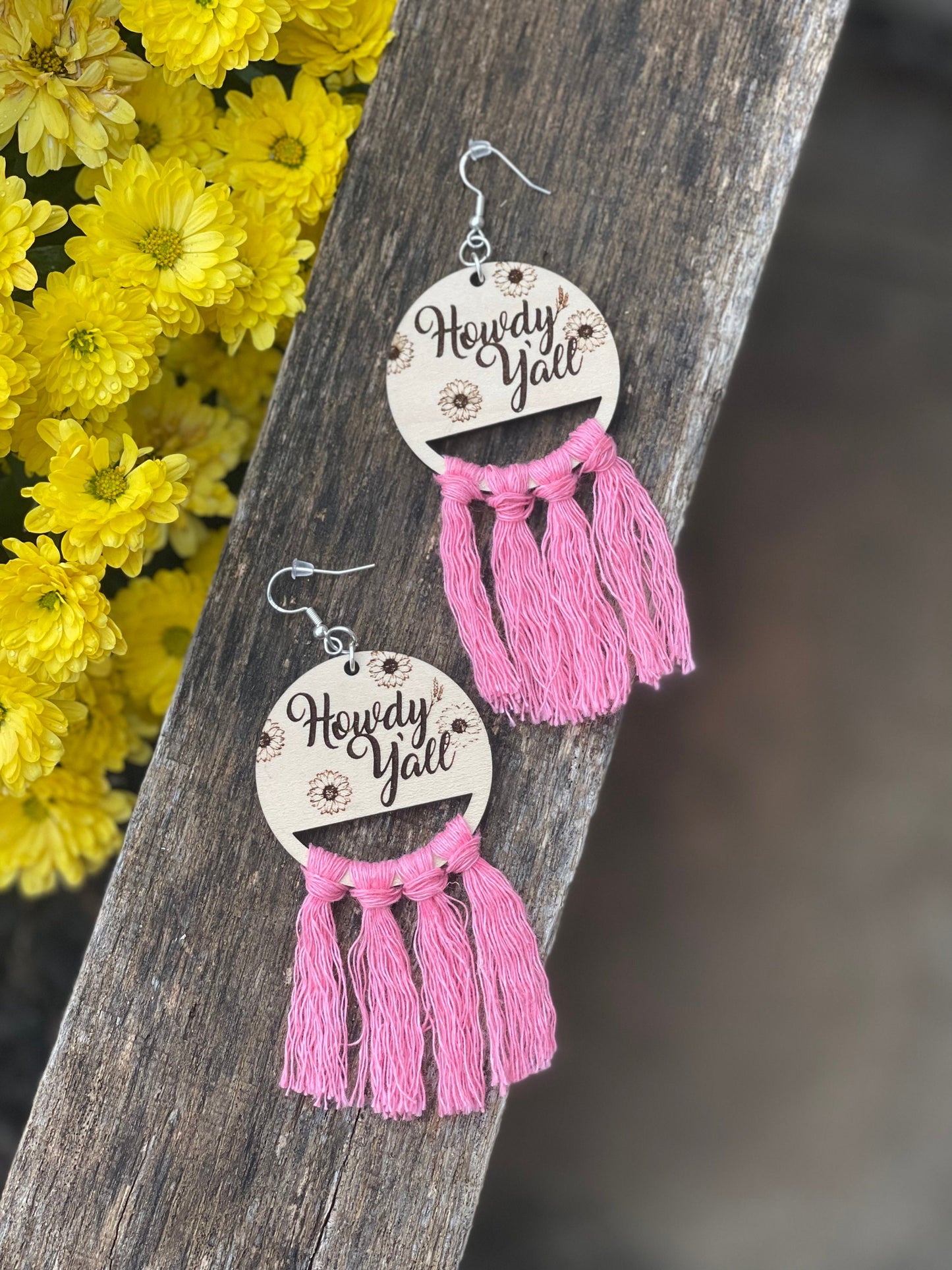 Howdy Y'all Wood Engraved Macrame Dangle Earrings | Country Jewelry with 12 Color Options