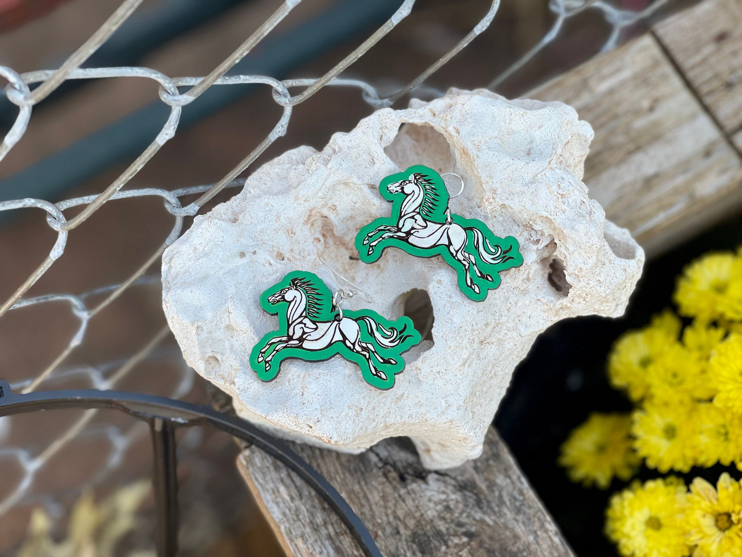 Horse Fantasy Ring Shire Wood Engraved Dangle Earrings | Green and White Handcrafted Earrings