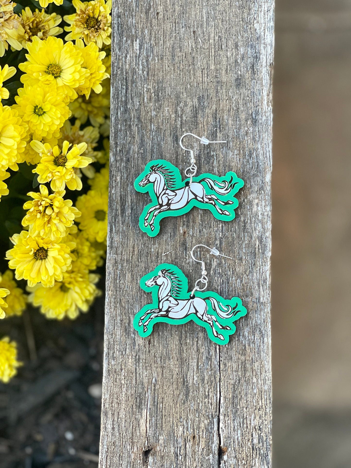 Horse Fantasy Ring Shire Wood Engraved Dangle Earrings | Green and White Handcrafted Earrings