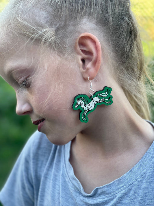 Horse Fantasy Ring Shire Wood Engraved Dangle Earrings | Green and White Handcrafted Earrings