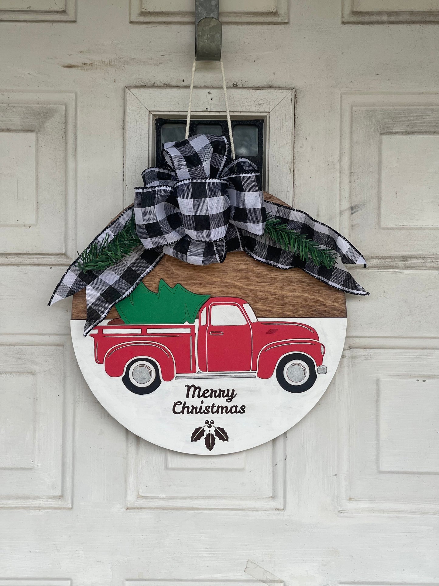 Red Farm Truck and Christmas Tree Door Hanger | Buffalo Plaid Wreath with Evergreen