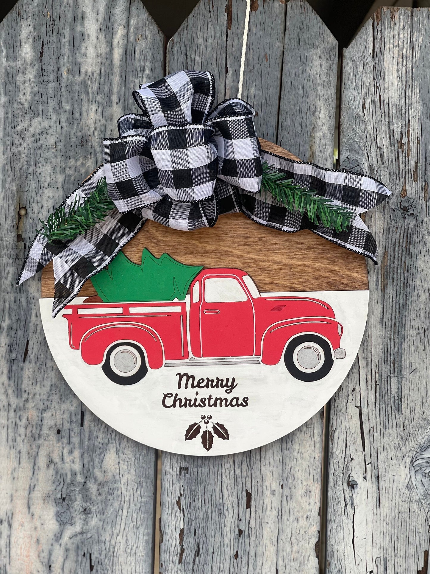 Red Farm Truck and Christmas Tree Door Hanger | Buffalo Plaid Wreath with Evergreen