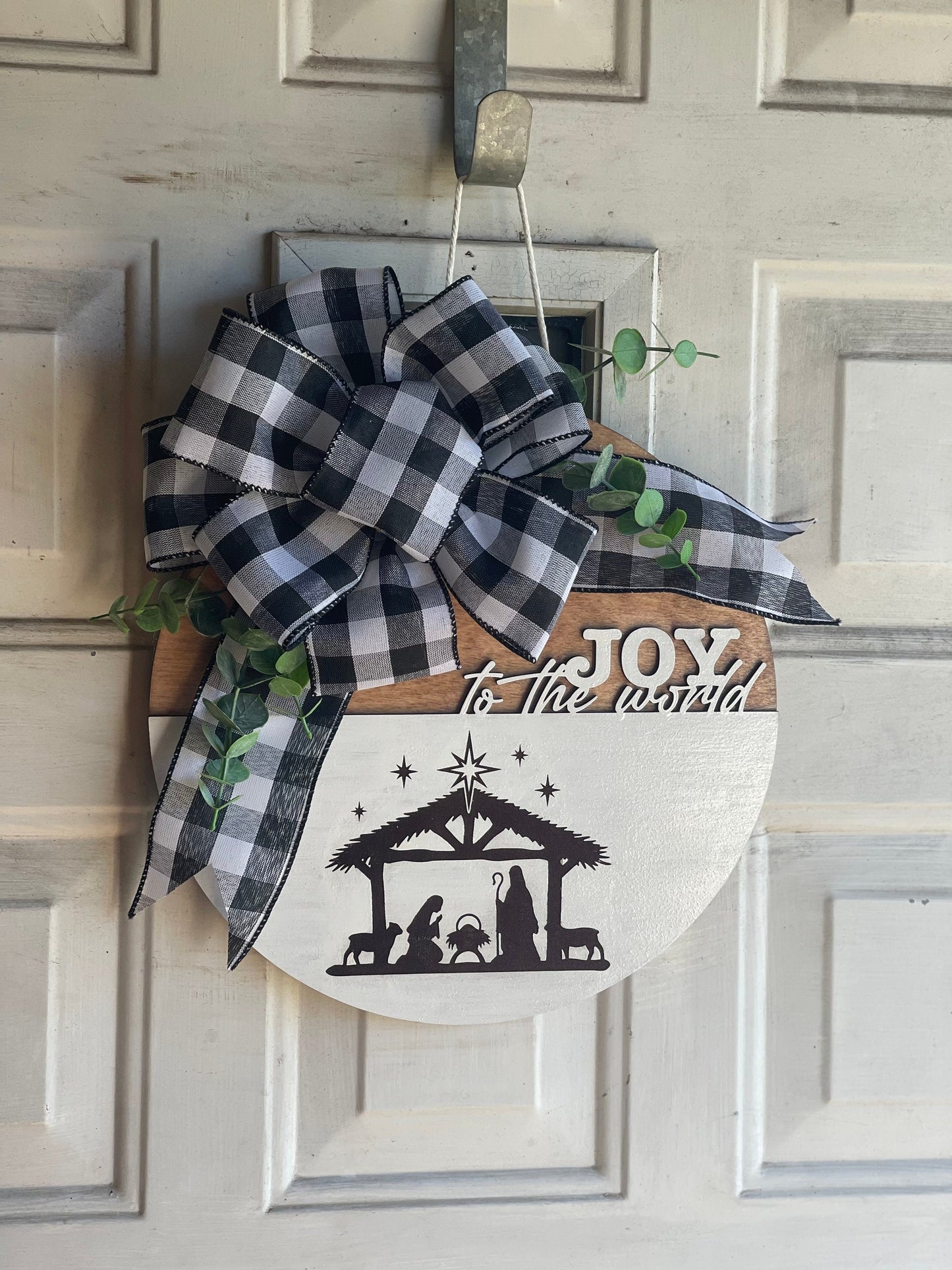 Joy to the World Door Hanger | Manger Scene with Eucalyptus & Buffalo Plaid Ribbon