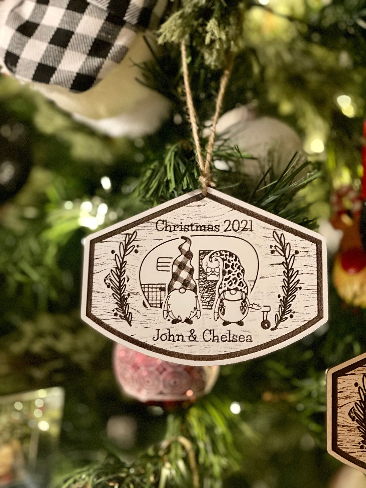 Gnome Couple with Vintage Camper Personalized Christmas Ornament | Custom Wood Engraved | Plaid & Leopard Hats | Rustic Holiday Decoration