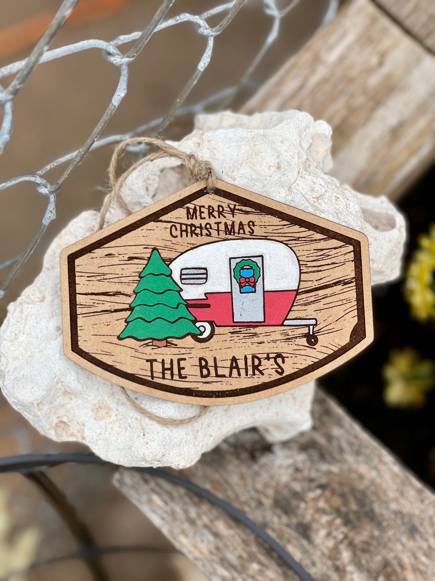 Personalized Family Christmas Tree & RV Camper Ornament | Wood Engraved & Hand Painted