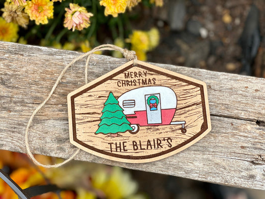 Personalized Family Christmas Tree & RV Camper Ornament | Wood Engraved & Hand Painted