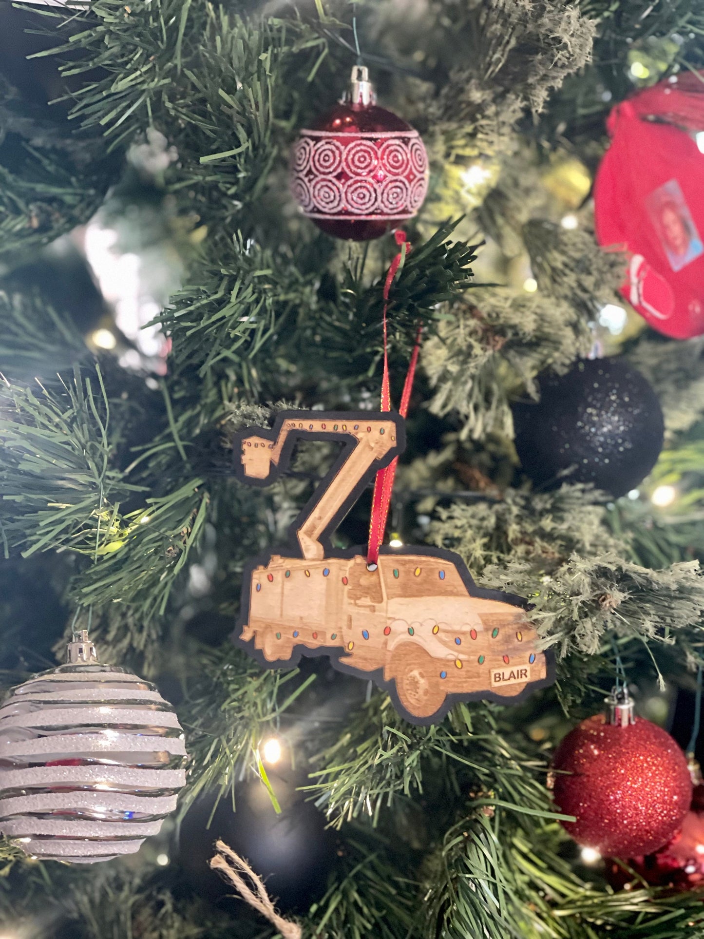 LINEMAN Personalized Name Christmas Ornament | Bucket Truck Engraved Wood | Electrician Gift