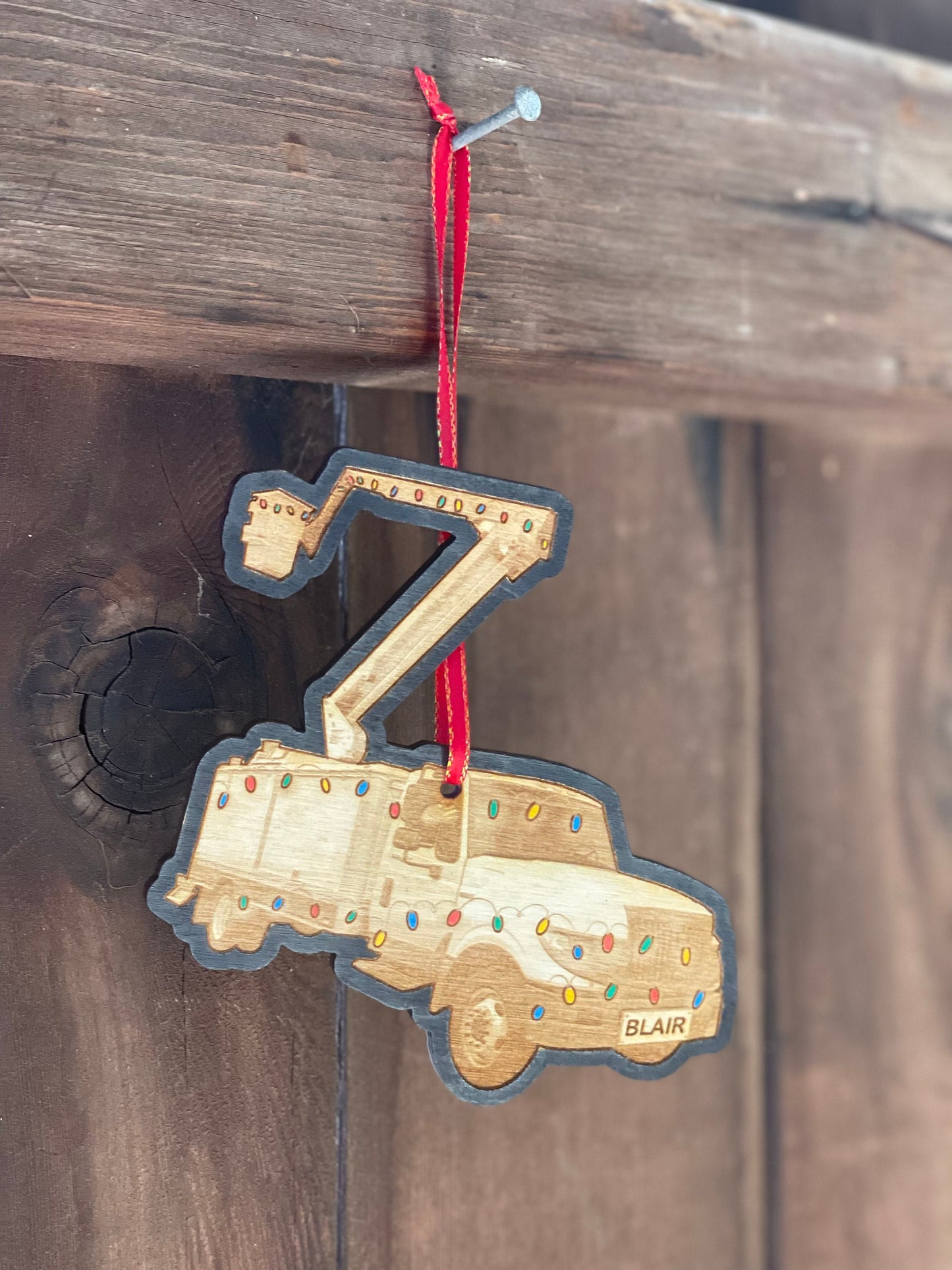 LINEMAN Personalized Name Christmas Ornament | Bucket Truck Engraved Wood | Electrician Gift